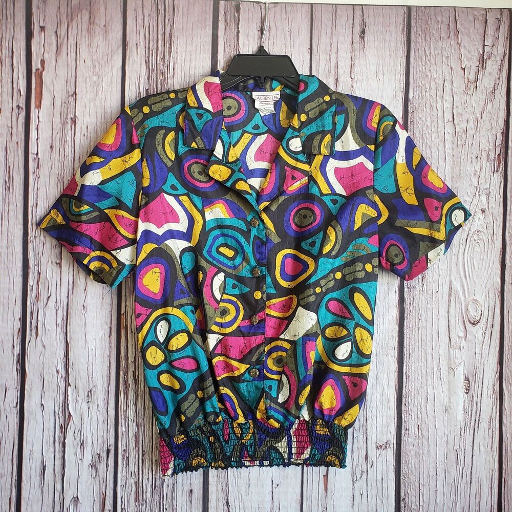 Lauren Lee Vintage  Blouse 8 Abstract Floral Buttons Made USA Polyester 80s
